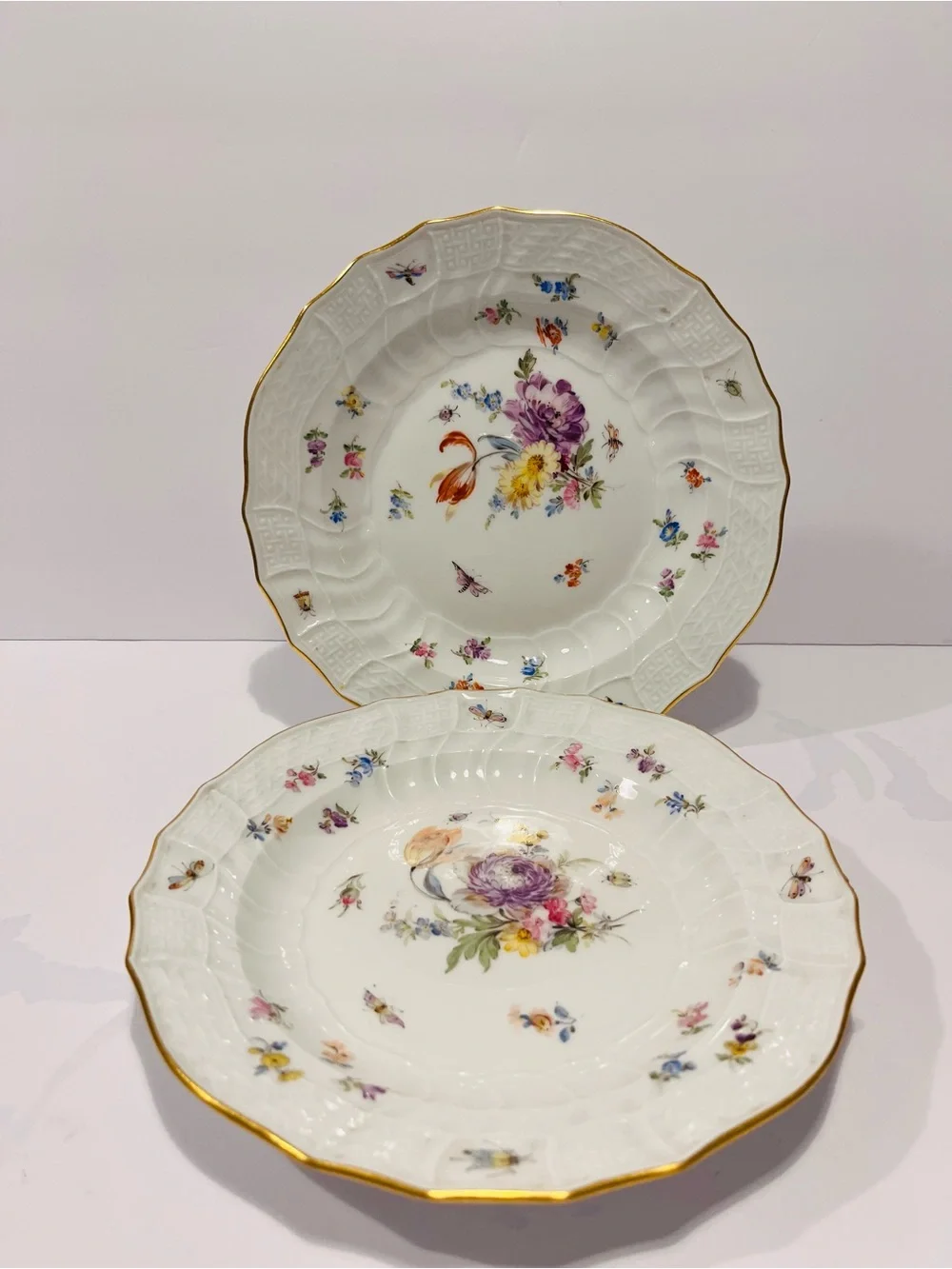 Antique Maissen 1893-1915 Neubeandenstein Relief Plates Set of 2 Hand Painted 8”